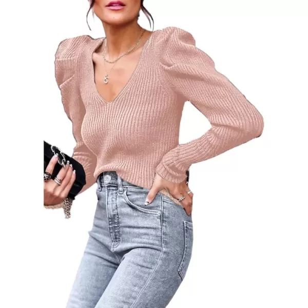 imagePRETTYGARDEN Womens Rib Knit Pullover Sweater Casual Long Puff Sleeve V Neck Solid Color Jumper Blouse TopsLight Pink