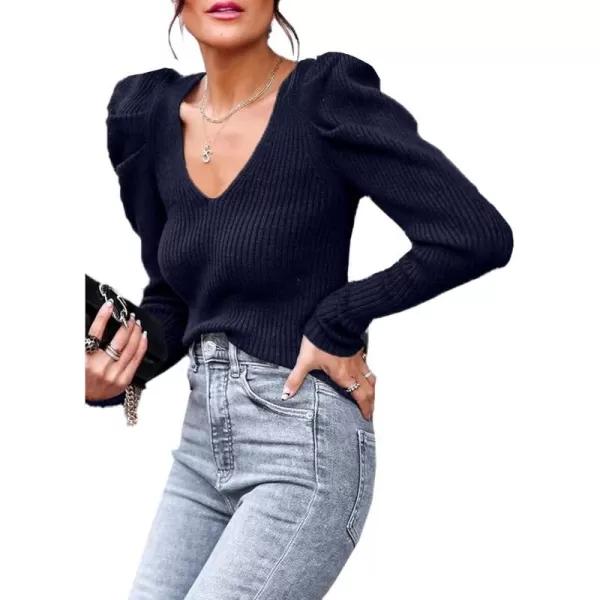imagePRETTYGARDEN Womens Rib Knit Pullover Sweater Casual Long Puff Sleeve V Neck Solid Color Jumper Blouse TopsNavy