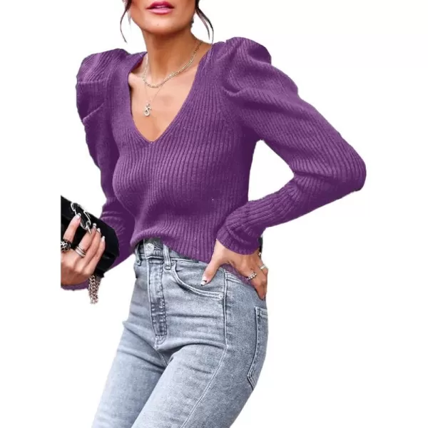 imagePRETTYGARDEN Womens Rib Knit Pullover Sweater Casual Long Puff Sleeve V Neck Solid Color Jumper Blouse TopsPurple