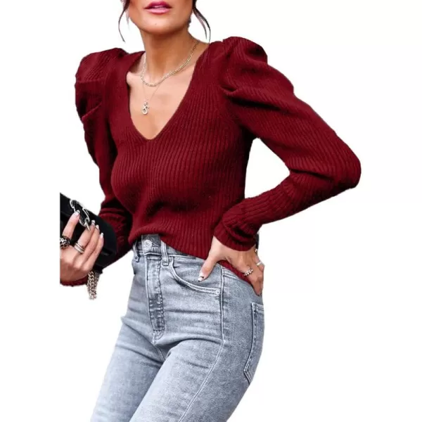 imagePRETTYGARDEN Womens Rib Knit Pullover Sweater Casual Long Puff Sleeve V Neck Solid Color Jumper Blouse TopsRed