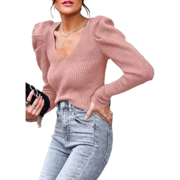 imagePRETTYGARDEN Womens Rib Knit Pullover Sweater Casual Long Puff Sleeve V Neck Solid Color Jumper Blouse TopsRose Red