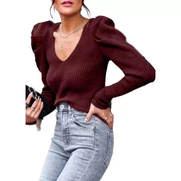 imagePRETTYGARDEN Womens Rib Knit Pullover Sweater Casual Long Puff Sleeve V Neck Solid Color Jumper Blouse TopsWine Red