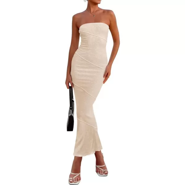 imagePRETTYGARDEN Womens Ribbed Maxi Bodycon Dress Summer Strapless Tube Y2K Party Club Long DressesBeige