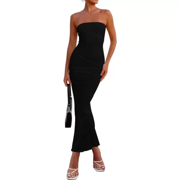 imagePRETTYGARDEN Womens Ribbed Maxi Bodycon Dress Summer Strapless Tube Y2K Party Club Long DressesBlack