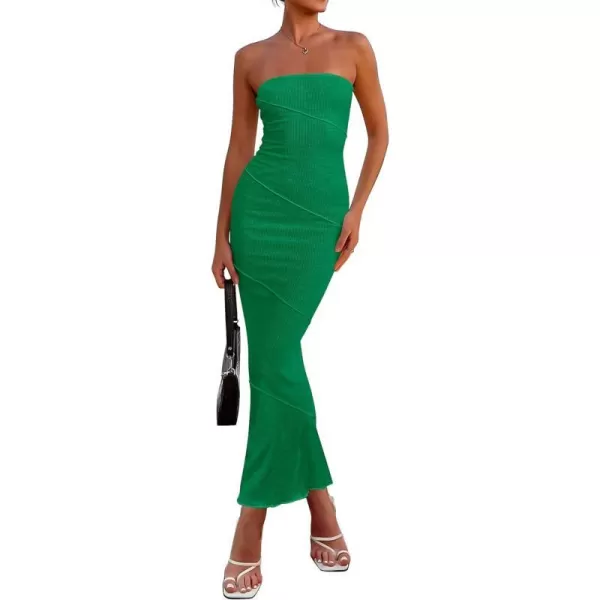 imagePRETTYGARDEN Womens Ribbed Maxi Bodycon Dress Summer Strapless Tube Y2K Party Club Long DressesGreen