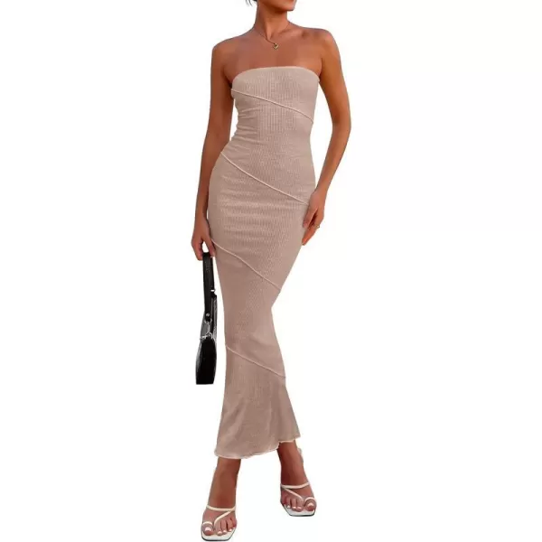 imagePRETTYGARDEN Womens Ribbed Maxi Bodycon Dress Summer Strapless Tube Y2K Party Club Long DressesKhaki