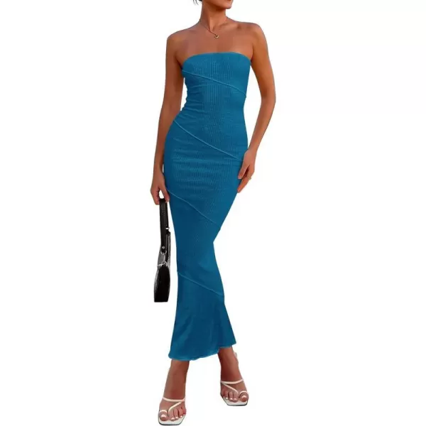imagePRETTYGARDEN Womens Ribbed Maxi Bodycon Dress Summer Strapless Tube Y2K Party Club Long DressesLake Blue