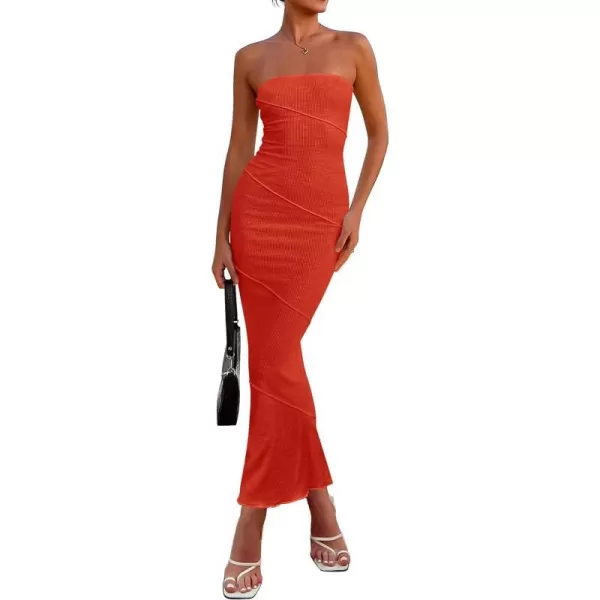 imagePRETTYGARDEN Womens Ribbed Maxi Bodycon Dress Summer Strapless Tube Y2K Party Club Long DressesOrange