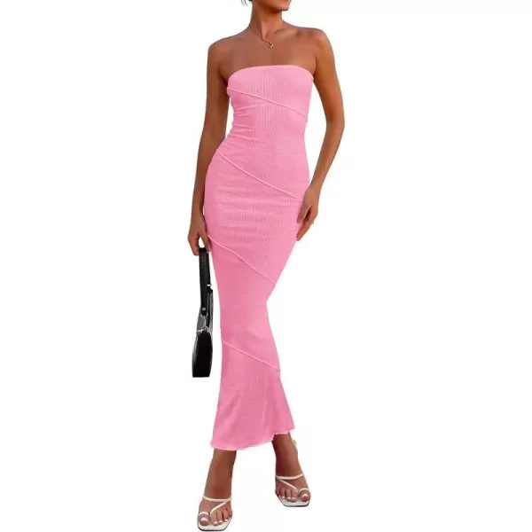 imagePRETTYGARDEN Womens Ribbed Maxi Bodycon Dress Summer Strapless Tube Y2K Party Club Long DressesPink