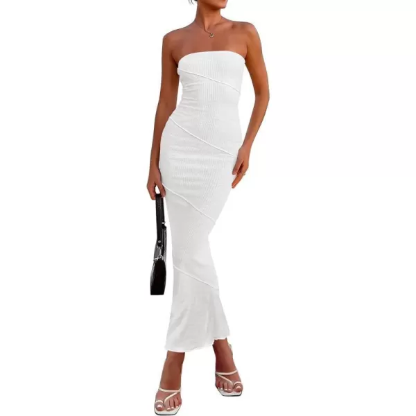 imagePRETTYGARDEN Womens Ribbed Maxi Bodycon Dress Summer Strapless Tube Y2K Party Club Long DressesWhite