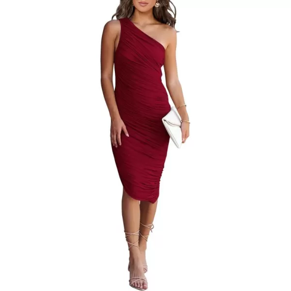 imagePRETTYGARDEN Womens Ruched Bodycon Dress 2024 Summer One Shoulder Sleeveless Party Cocktail Pencil DressesWine Red