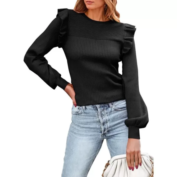 imagePRETTYGARDEN Womens Ruffle Long Sleeve Sweaters Crew Neck Lightweight Sweatshirts 2024 Fall Ribbed Knit Pullover TopsBlack