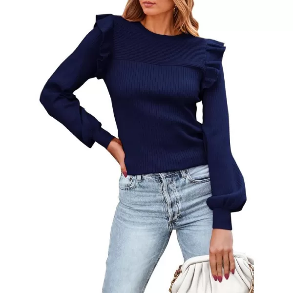 imagePRETTYGARDEN Womens Ruffle Long Sleeve Sweaters Crew Neck Lightweight Sweatshirts 2024 Fall Ribbed Knit Pullover TopsNavy