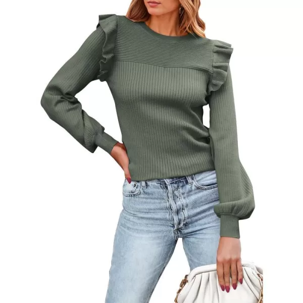 imagePRETTYGARDEN Womens Ruffle Shoulder Long Sleeve Sweaters Crew Neck Slim Fitted 2023 Fall Ribbed Knit TopsBean Green