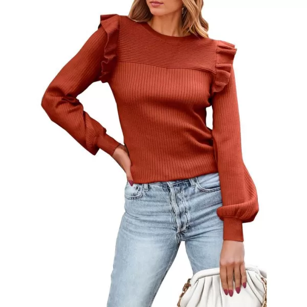 imagePRETTYGARDEN Womens Ruffle Shoulder Long Sleeve Sweaters Crew Neck Slim Fitted 2023 Fall Ribbed Knit TopsOrange