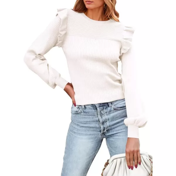 imagePRETTYGARDEN Womens Ruffle Shoulder Long Sleeve Sweaters Crew Neck Slim Fitted 2023 Fall Ribbed Knit TopsWhite