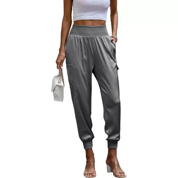 imagePRETTYGARDEN Womens Satin Jogger Pants Casual High Waist Long Lounge Pant Trousers with PocketsGrey