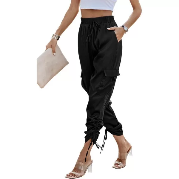 imagePRETTYGARDEN Womens Satin Jogger Pants Casual High Waist Long Lounge Pant Trousers with PocketsZblack