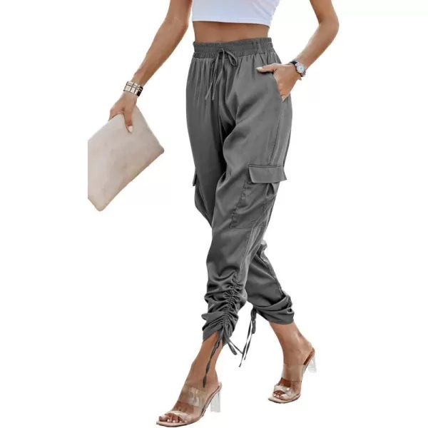 imagePRETTYGARDEN Womens Satin Jogger Pants Casual High Waist Long Lounge Pant Trousers with PocketsZgrey