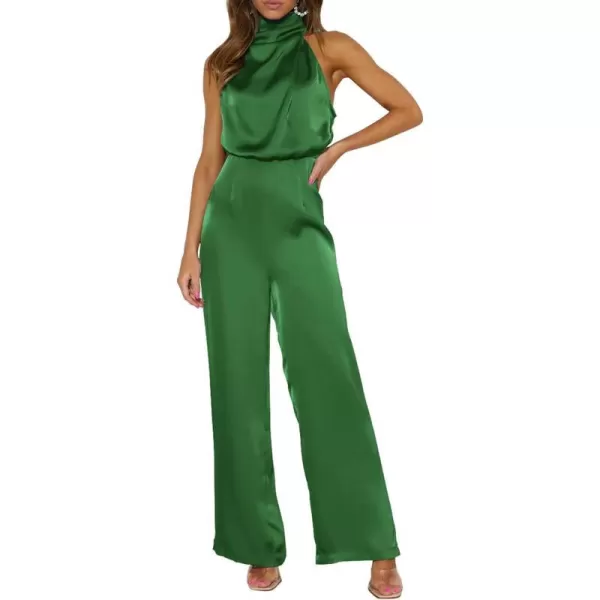 imagePRETTYGARDEN Womens Satin Jumpsuits 2023 Summer One Piece Outfits Mock Neck Sleeveless Wide Leg Pants RompersArmy Green