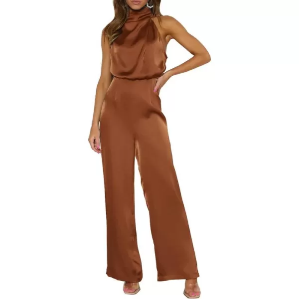 imagePRETTYGARDEN Womens Satin Jumpsuits 2023 Summer One Piece Outfits Mock Neck Sleeveless Wide Leg Pants RompersKhaki