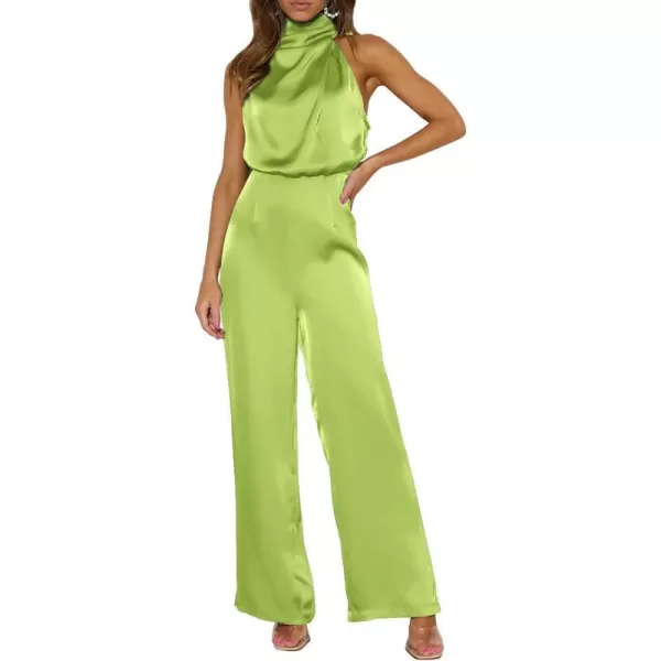 imagePRETTYGARDEN Womens Satin Jumpsuits 2023 Summer One Piece Outfits Mock Neck Sleeveless Wide Leg Pants RompersTender Green