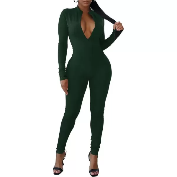 imagePRETTYGARDEN Womens Sexy Bodycon Jumpsuit Long Sleeve Zipper One Piece Romper Outfits ClubwearArmy Green