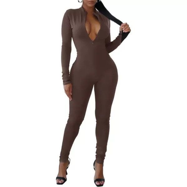 imagePRETTYGARDEN Womens Sexy Bodycon Jumpsuit Long Sleeve Zipper One Piece Romper Outfits ClubwearCoffee