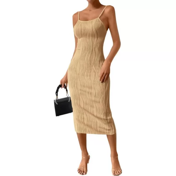 imagePRETTYGARDEN Womens Sexy Midi Bodycon Dress 2024 Summer Spaghetti Strap Sleeveless Knit Party Tight Fitted DressesLight Khaki