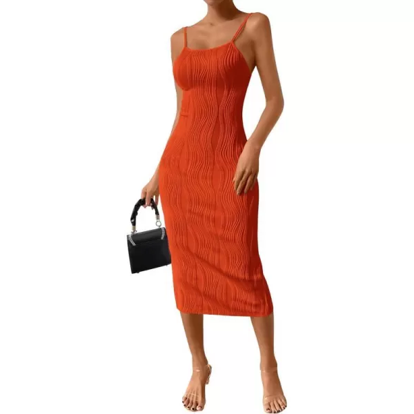 imagePRETTYGARDEN Womens Sexy Midi Bodycon Dress 2024 Summer Spaghetti Strap Sleeveless Knit Party Tight Fitted DressesOrange