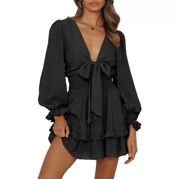 imagePRETTYGARDEN Womens Short ALine Flare Dress Knot Front Long Sleeve V Neck Tiered Ruffle Swing Mini Skater DressesBlack
