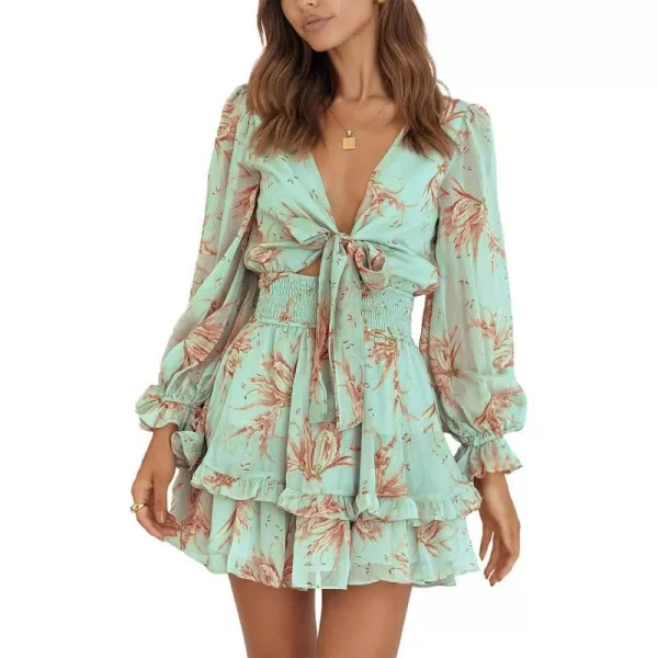 imagePRETTYGARDEN Womens Short ALine Flare Dress Knot Front Long Sleeve V Neck Tiered Ruffle Swing Mini Skater DressesGreen Floral