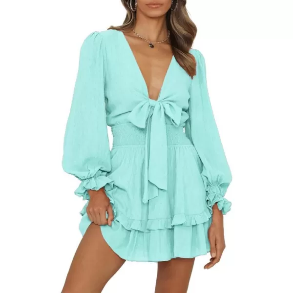 imagePRETTYGARDEN Womens Short ALine Flare Dress Knot Front Long Sleeve V Neck Tiered Ruffle Swing Mini Skater DressesLight Green