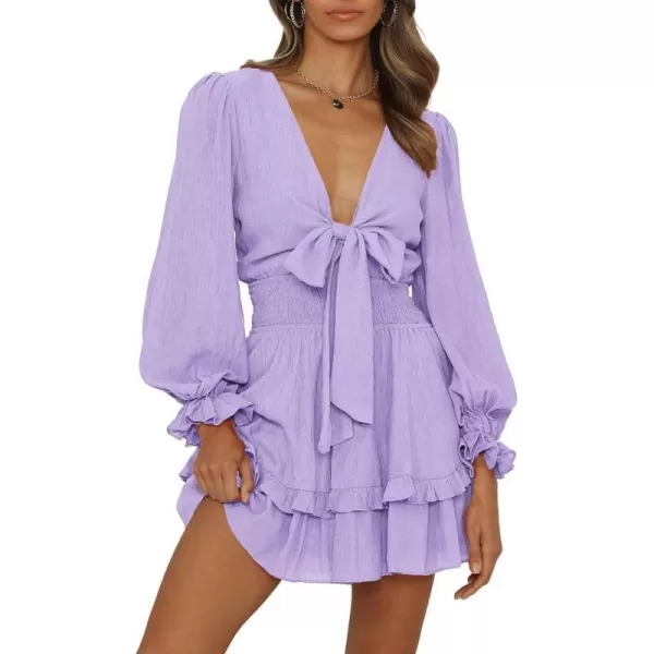 imagePRETTYGARDEN Womens Short ALine Flare Dress Knot Front Long Sleeve V Neck Tiered Ruffle Swing Mini Skater DressesLight Purple