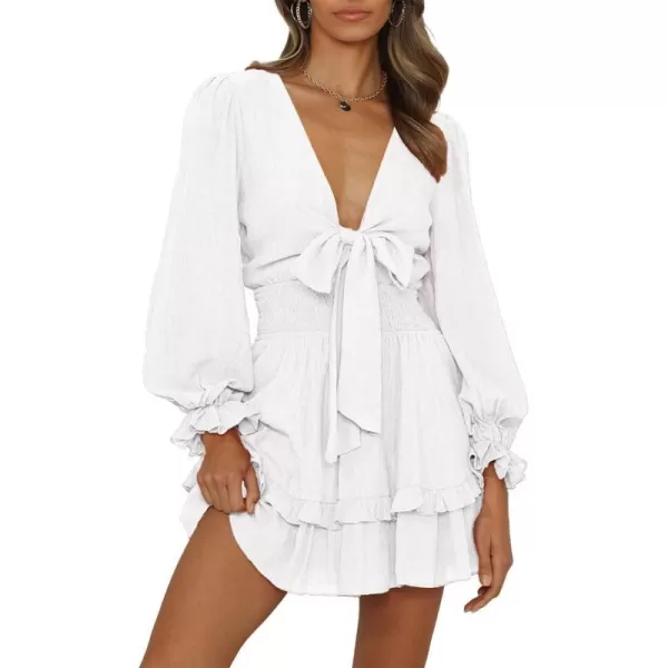 imagePRETTYGARDEN Womens Short ALine Flare Dress Knot Front Long Sleeve V Neck Tiered Ruffle Swing Mini Skater DressesWhite