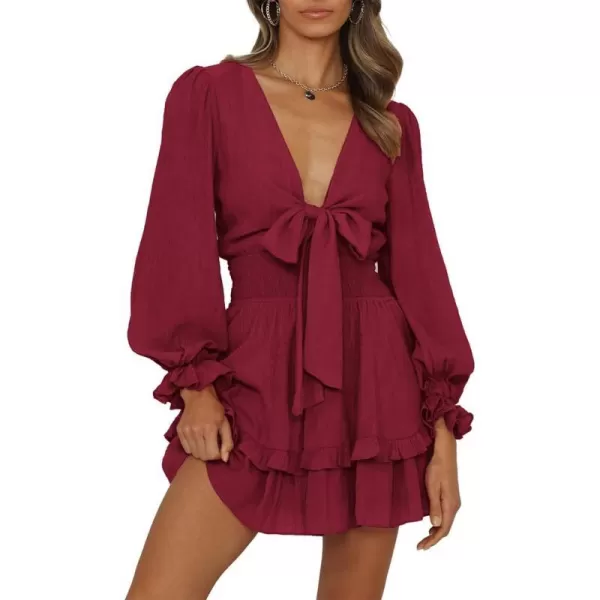 imagePRETTYGARDEN Womens Short ALine Flare Dress Knot Front Long Sleeve V Neck Tiered Ruffle Swing Mini Skater DressesWine Red