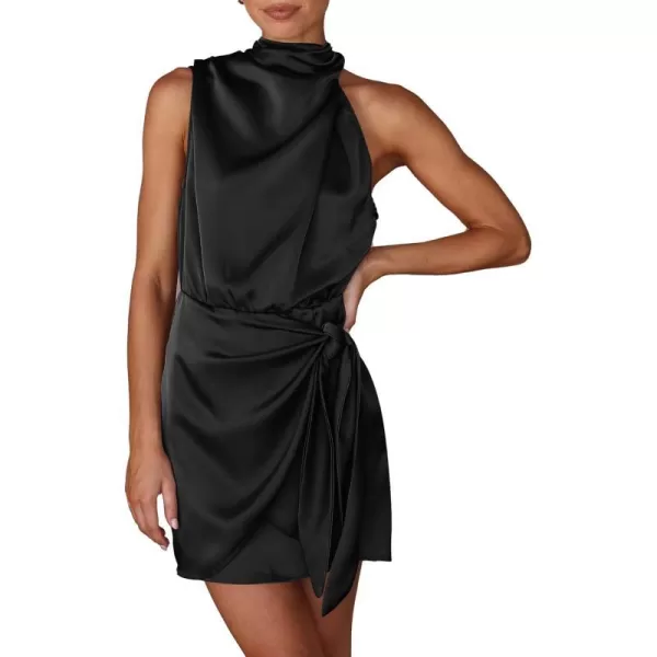 imagePRETTYGARDEN Womens Short Formal Satin Dress Summer Sleeveless Mock Neck Tie Waist Cocktail Party DressesBlack