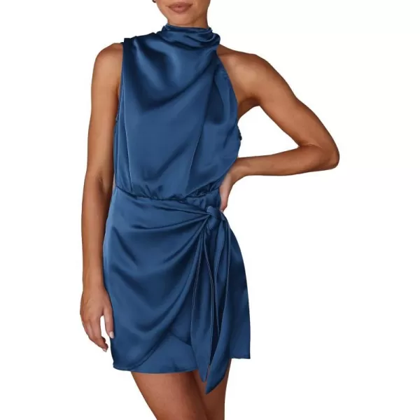 imagePRETTYGARDEN Womens Short Formal Satin Dress Summer Sleeveless Mock Neck Tie Waist Cocktail Party DressesDark Blue
