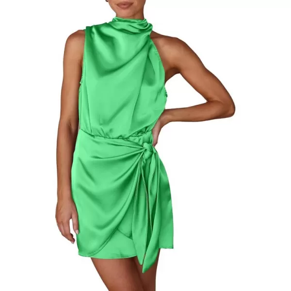 imagePRETTYGARDEN Womens Short Formal Satin Dress Summer Sleeveless Mock Neck Tie Waist Cocktail Party DressesGrass Green