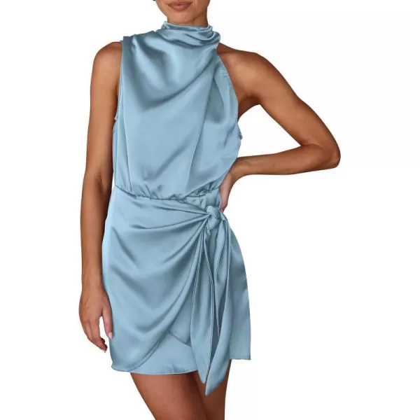imagePRETTYGARDEN Womens Short Formal Satin Dress Summer Sleeveless Mock Neck Tie Waist Cocktail Party DressesLight Blue