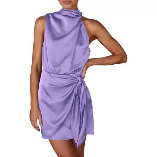imagePRETTYGARDEN Womens Short Formal Satin Dress Summer Sleeveless Mock Neck Tie Waist Cocktail Party DressesPurple
