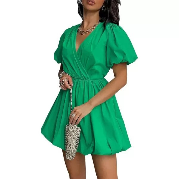 imagePRETTYGARDEN Womens Short Summer Dresses Casual Puffy Sleeve Wrap V Neck Ruffle Solid Color Flare DressGreen