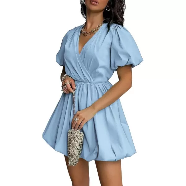 imagePRETTYGARDEN Womens Short Summer Dresses Casual Puffy Sleeve Wrap V Neck Ruffle Solid Color Flare DressSky Blue