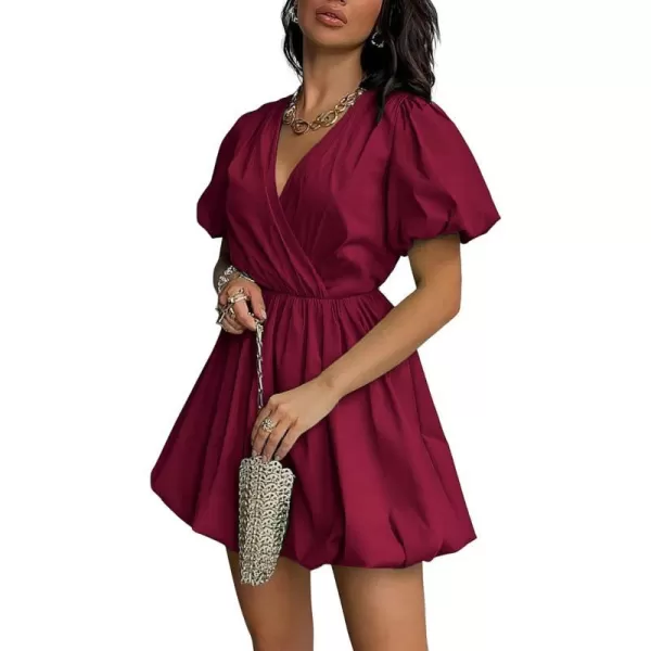 imagePRETTYGARDEN Womens Short Summer Dresses Casual Puffy Sleeve Wrap V Neck Ruffle Solid Color Flare DressWine Red