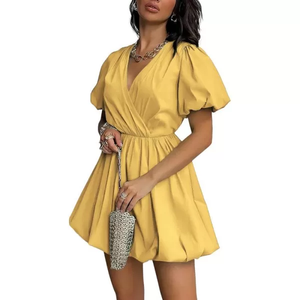 imagePRETTYGARDEN Womens Short Summer Dresses Casual Puffy Sleeve Wrap V Neck Ruffle Solid Color Flare DressYellow