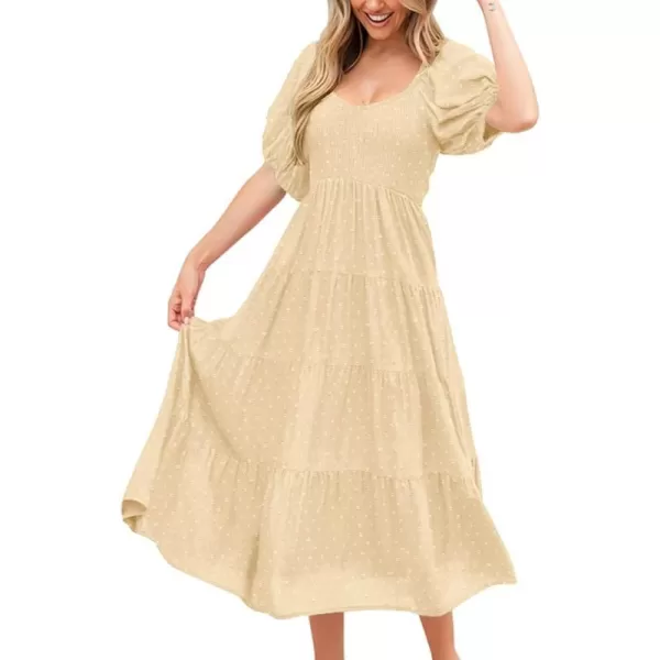 imagePRETTYGARDEN Womens Spring Dresses 2024 Puff Sleeve V Neck Swiss Dot High Waist Chiffon Dress Tiered Smocked Maxi DressesBeige