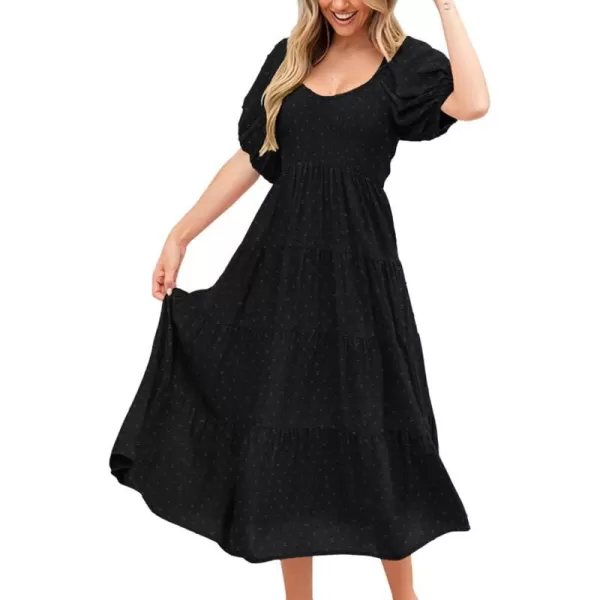 imagePRETTYGARDEN Womens Spring Dresses 2024 Puff Sleeve V Neck Swiss Dot High Waist Chiffon Dress Tiered Smocked Maxi DressesBlack