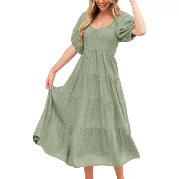imagePRETTYGARDEN Womens Spring Dresses 2024 Puff Sleeve V Neck Swiss Dot High Waist Chiffon Dress Tiered Smocked Maxi DressesGrey Green