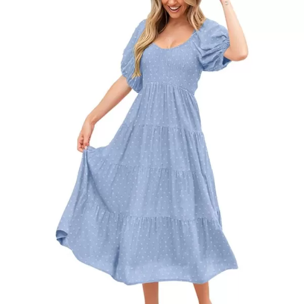 imagePRETTYGARDEN Womens Spring Dresses 2024 Puff Sleeve V Neck Swiss Dot High Waist Chiffon Dress Tiered Smocked Maxi DressesLight Blue