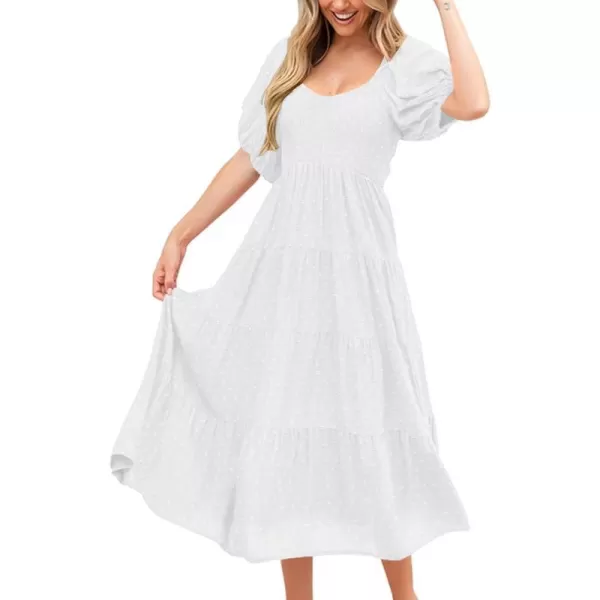 imagePRETTYGARDEN Womens Spring Dresses 2024 Puff Sleeve V Neck Swiss Dot High Waist Chiffon Dress Tiered Smocked Maxi DressesWhite